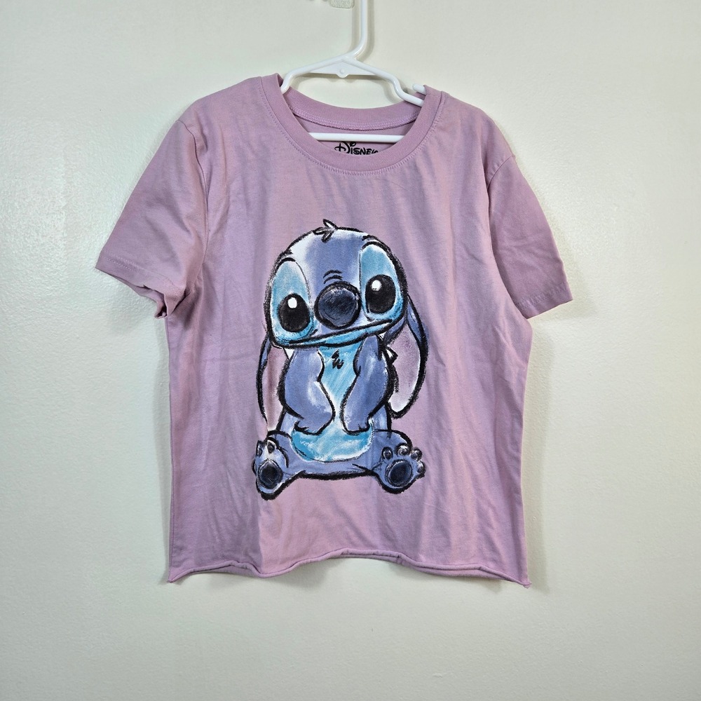 Disney Womens Purple Berry Lilo & Stitch Raw Hem Stitch Graphic Crop Tee Small